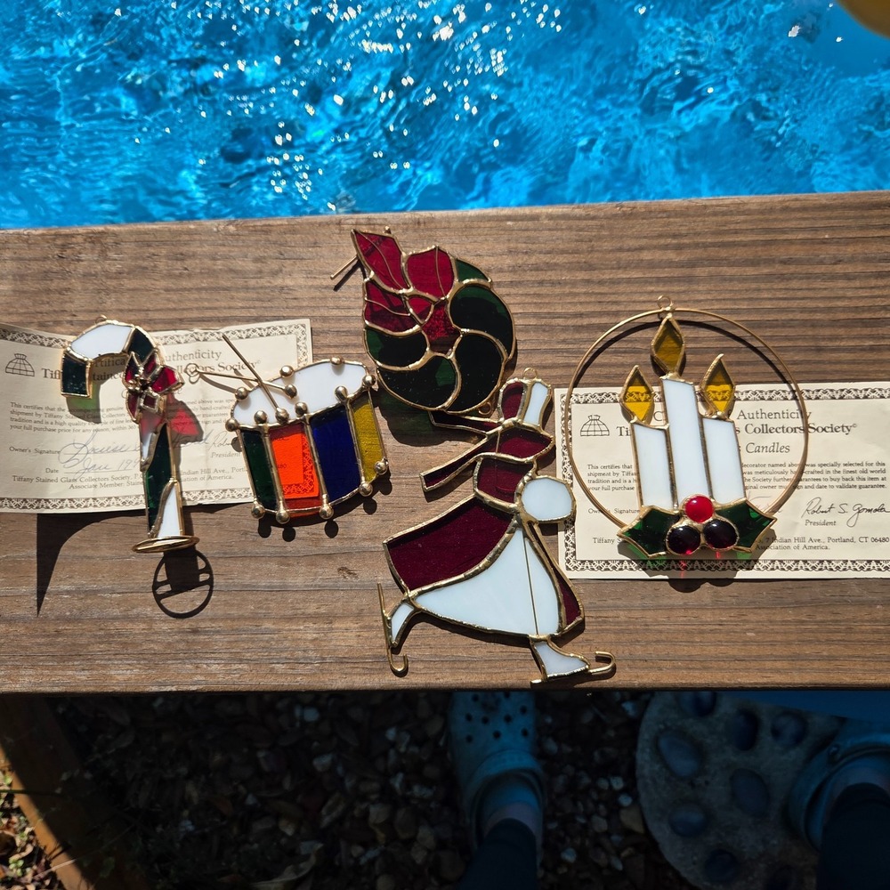 5 Vintage Tiffany Collectors Society Stained Glass Suncatchers Christmas Holiday